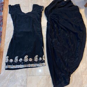 Two Piece Indian Black Pure Disheen Fabric Salwar Suit Gold Details